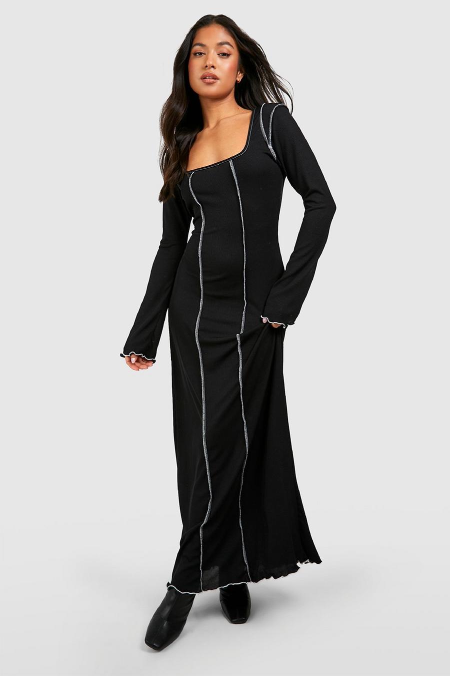 Black Petite Rib Contrast Seam Detail Square Neck Maxi Dress image number 1