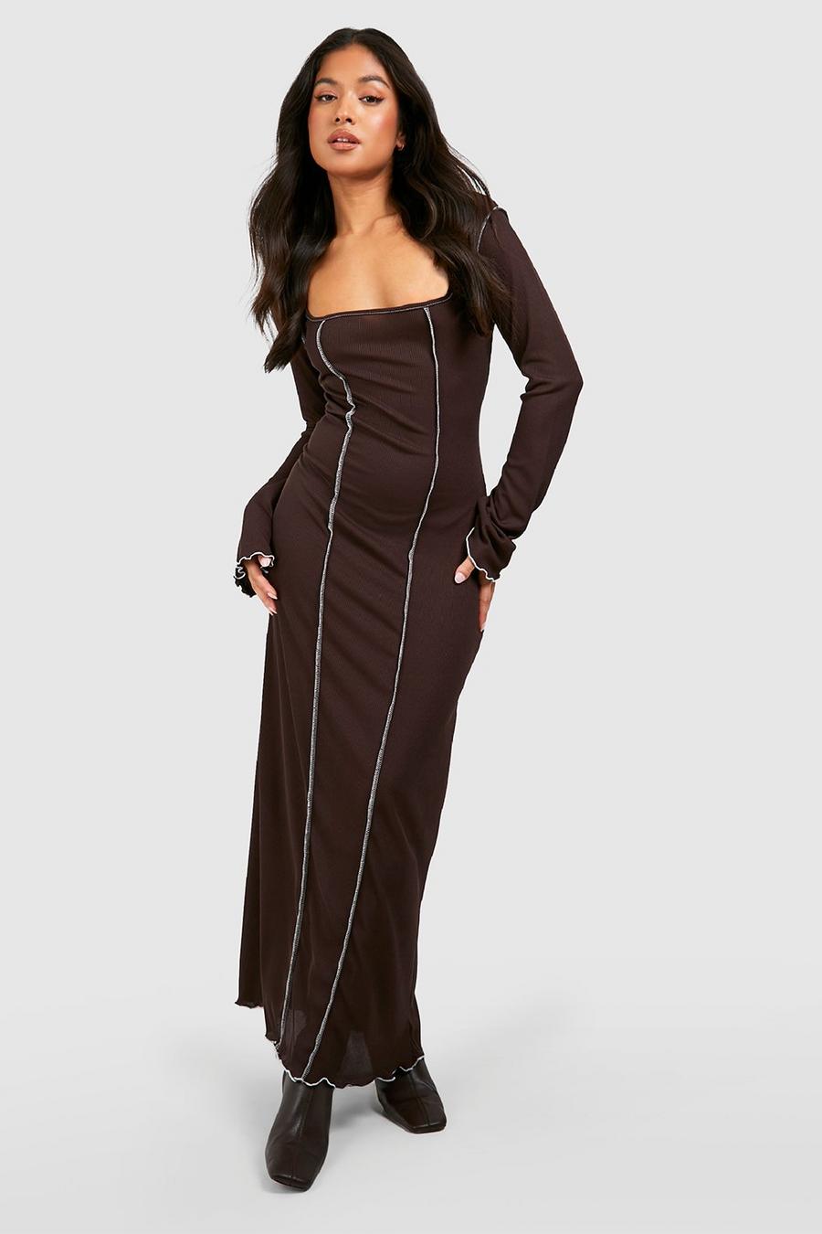 Chocolate Petite Rib Contrast Seam Detail Square Neck Maxi Dress