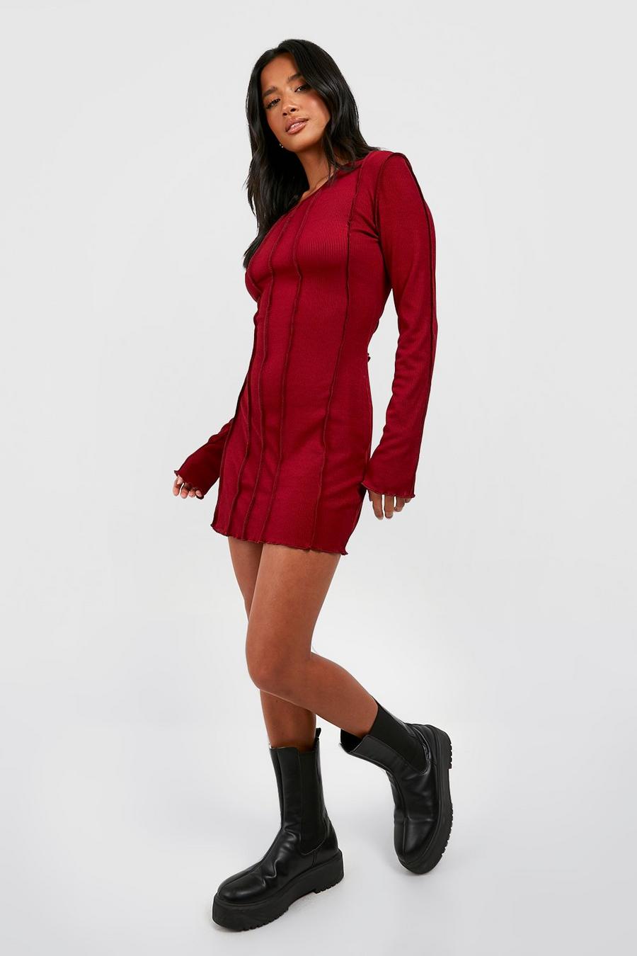 Vestido Petite mini de canalé con detalle de costuras, Wine rojo