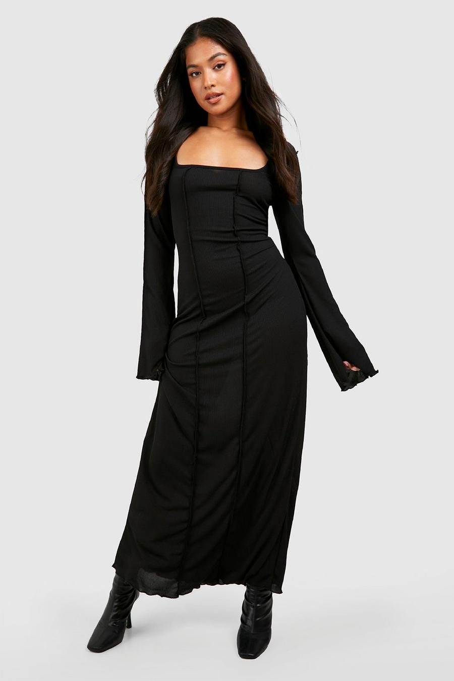Black Petite Rib Seam Detail Flare Sleeve Maxi Dress image number 1