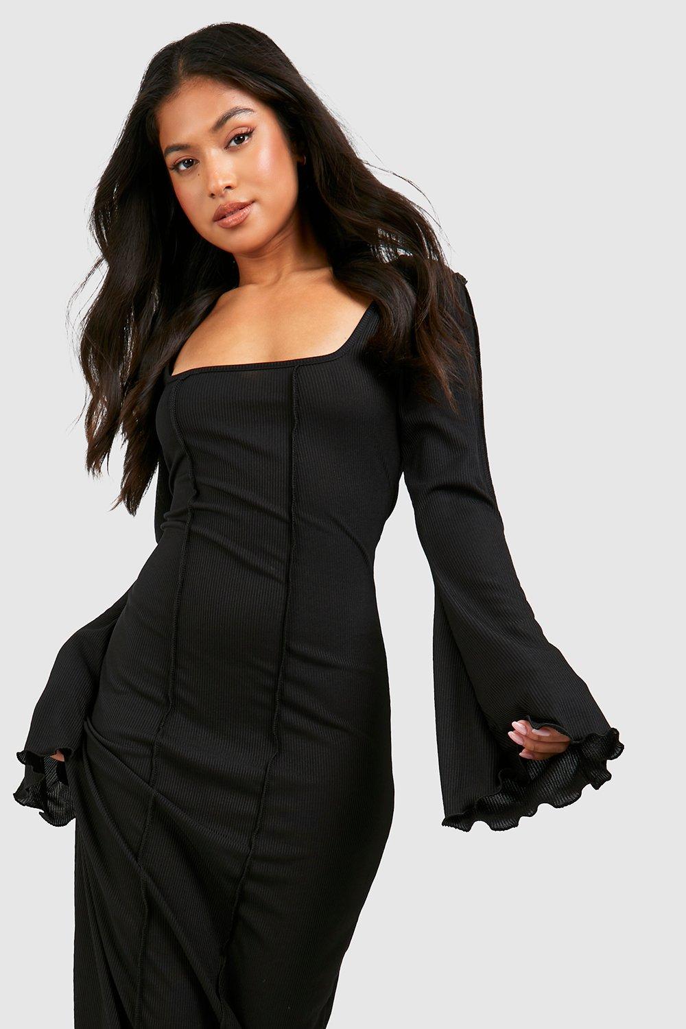 Petite Rib Seam Detail Flare Sleeve Maxi Dress boohoo