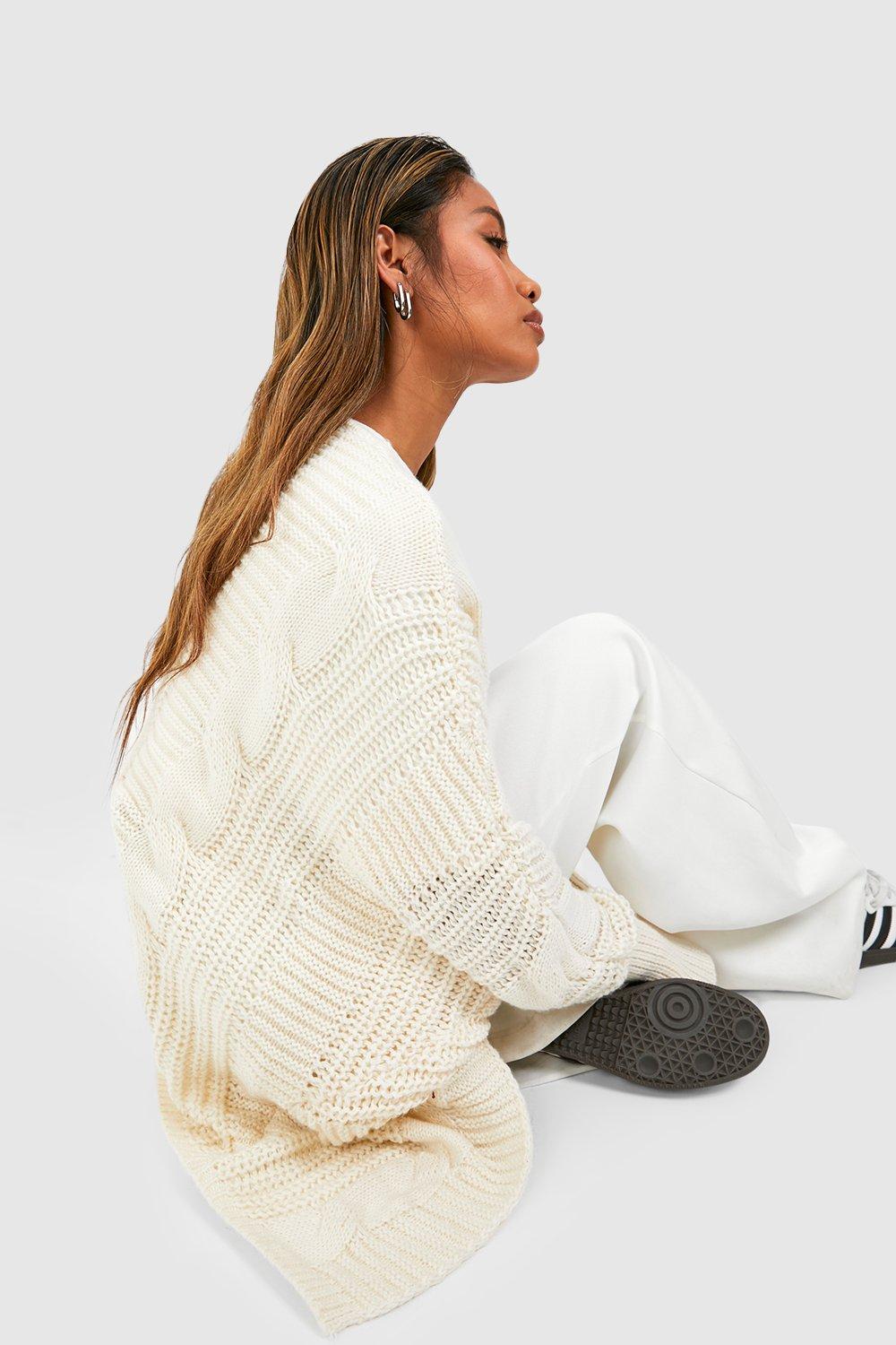 Long cream cable knit cardigan sale