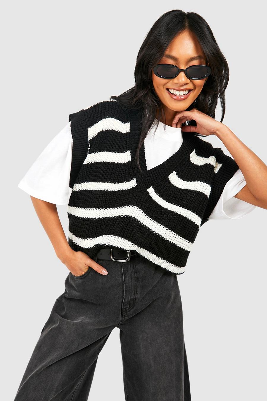 Black Oversized Stripe Knitted Vest image number 1