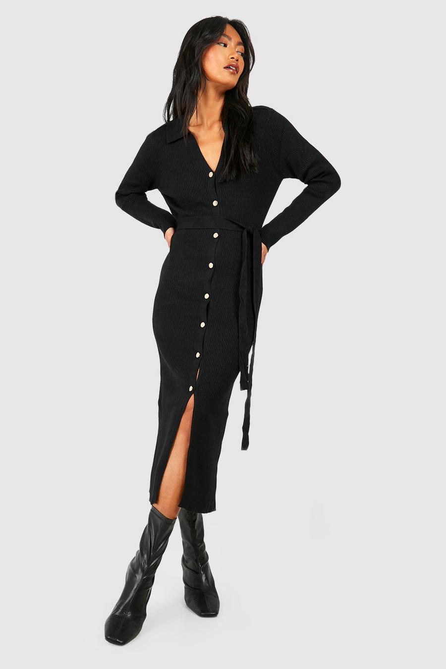 Black Button Front Knitted Midi Dress image number 1