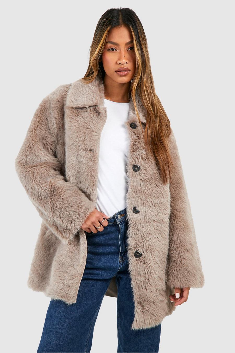 Taupe Button Through Faux Fur Coat image number 1