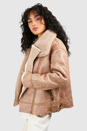 Beige Veste aviateur premium avec bordure en fausse fourrure