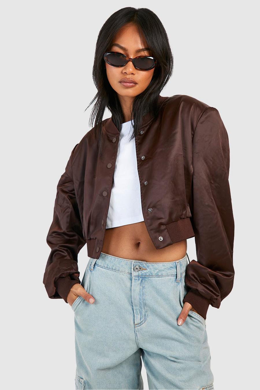 Chocolate Premium Satin Shoulder Pad Bomber Jacket