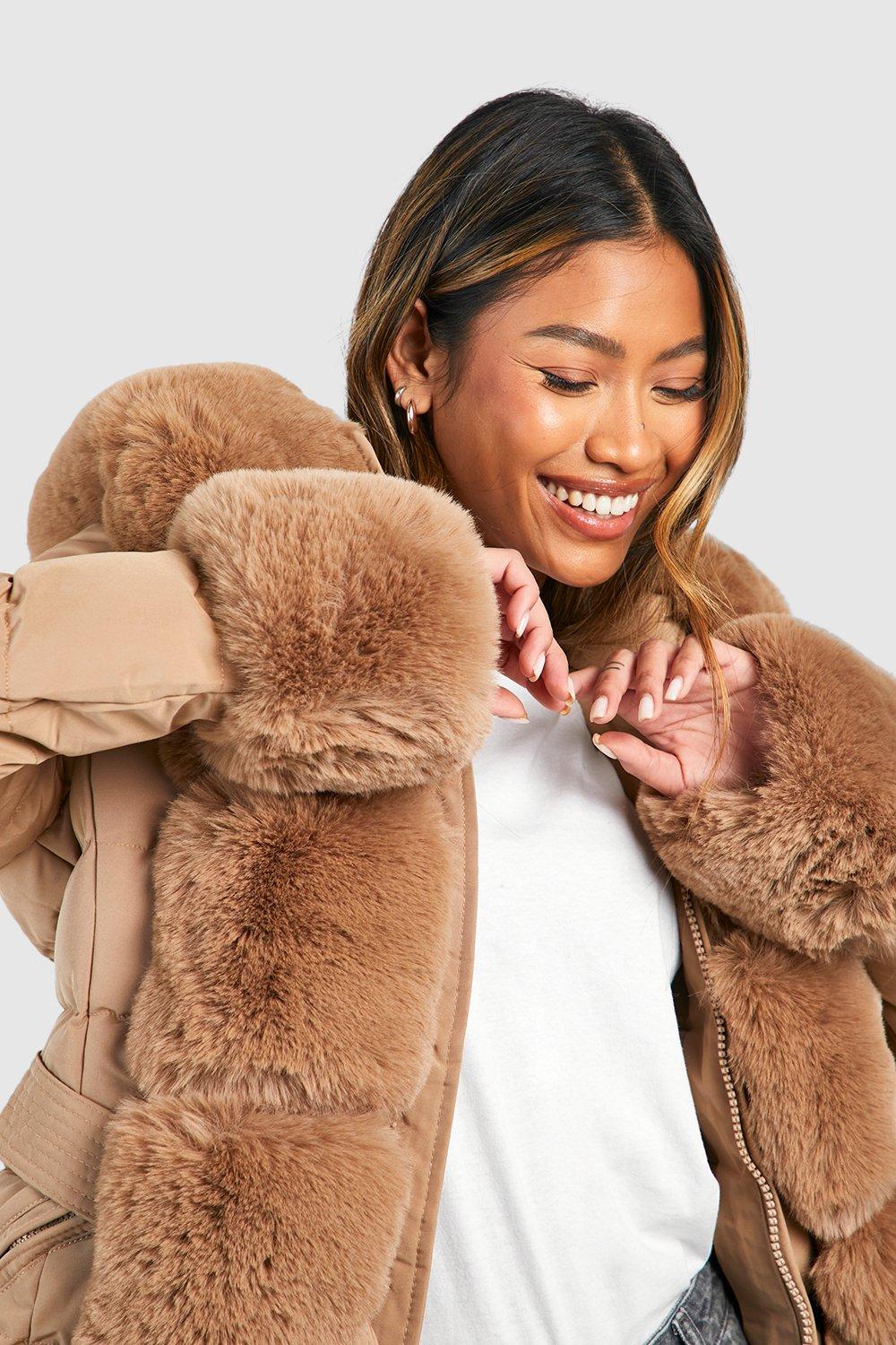 Faux fur hooded panelled hot sale parka