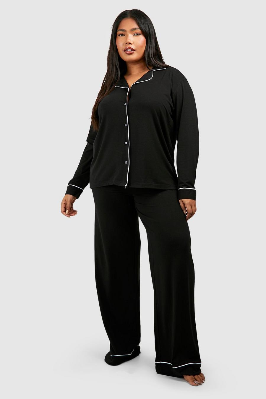 Black Plus Super Zachte Pyjama Set Met Top Met Biezen En Broek image number 1