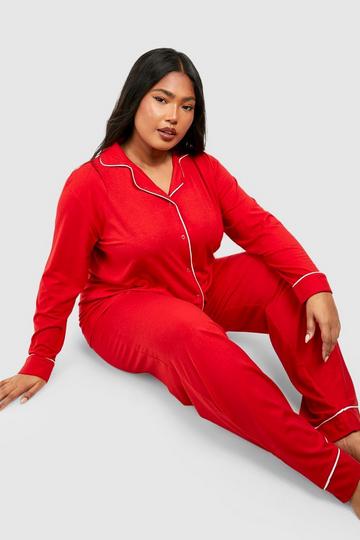 Plus Super Soft Piping Top & Trouser Pj Set red