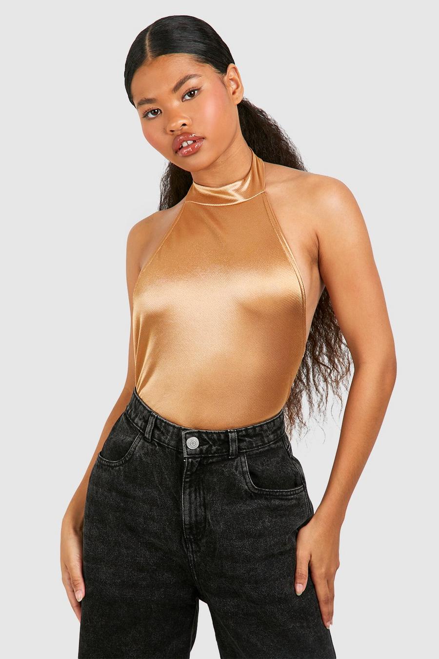 Gold Petite High Neck Stretch Satin Top image number 1