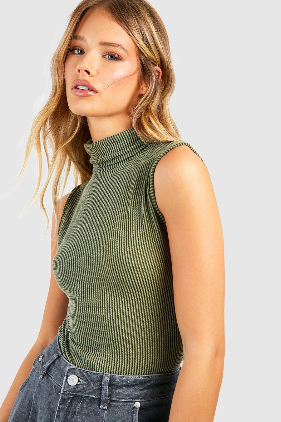 Khaki Textured Rib Roll Neck Top image number 1