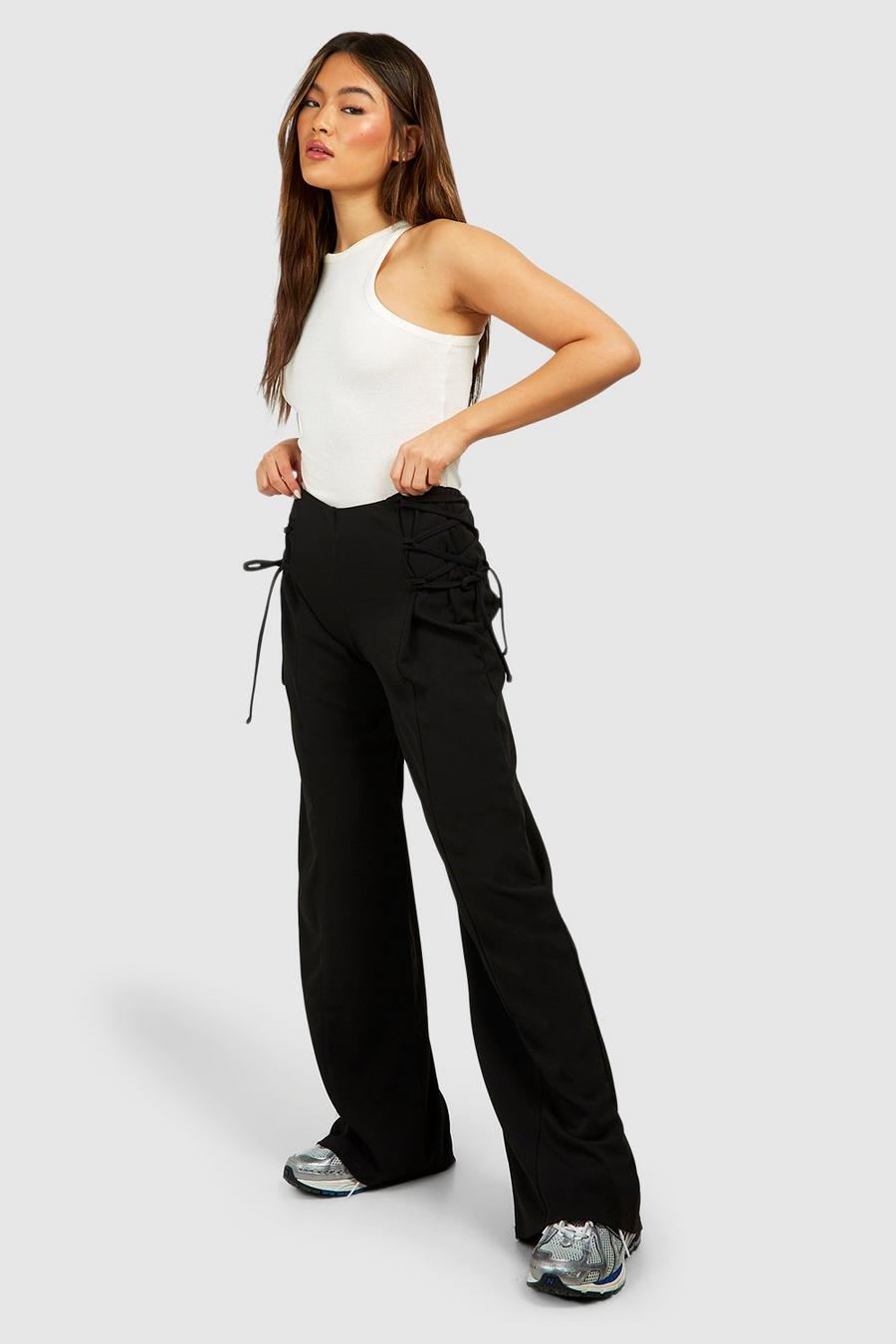Black Lace Up Side Wide Leg Trousers