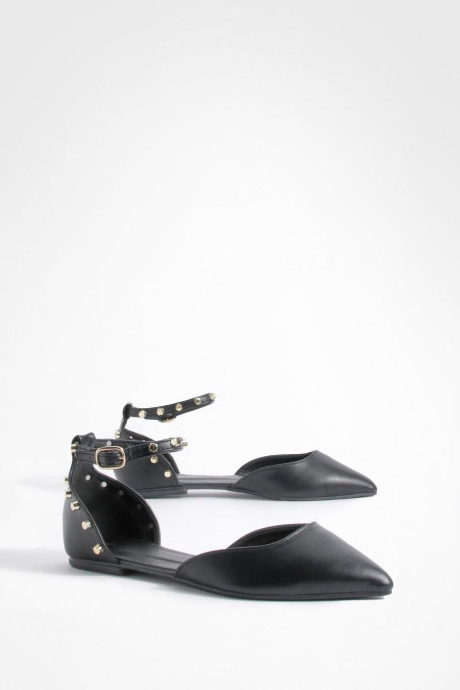 Scarpe basse a punta a calzata ampia con fascette alla caviglia e borchie, Black nero