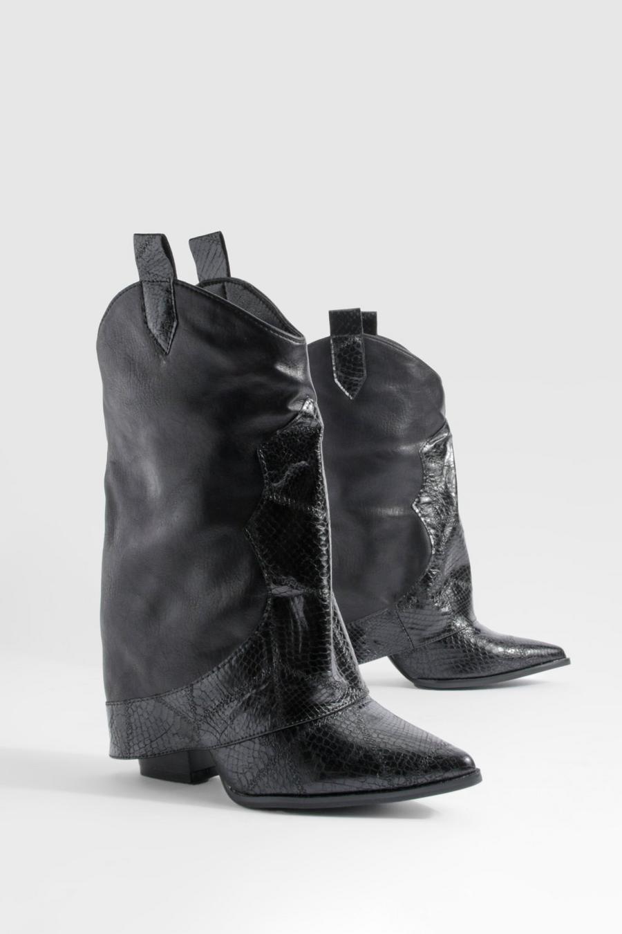 Black svart Calf High Fold Over Western Cowboy Boots