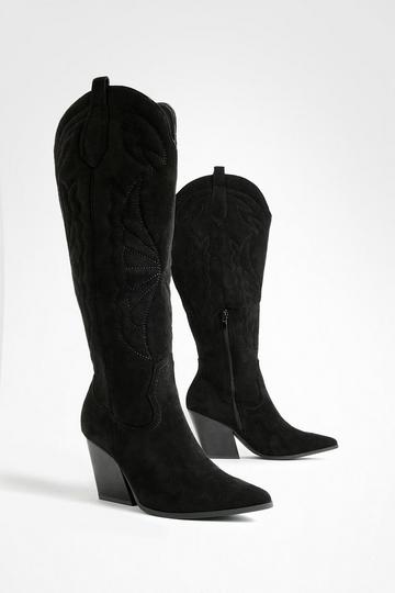 Embroidered Detail Western Cowboy Boots Happy black
