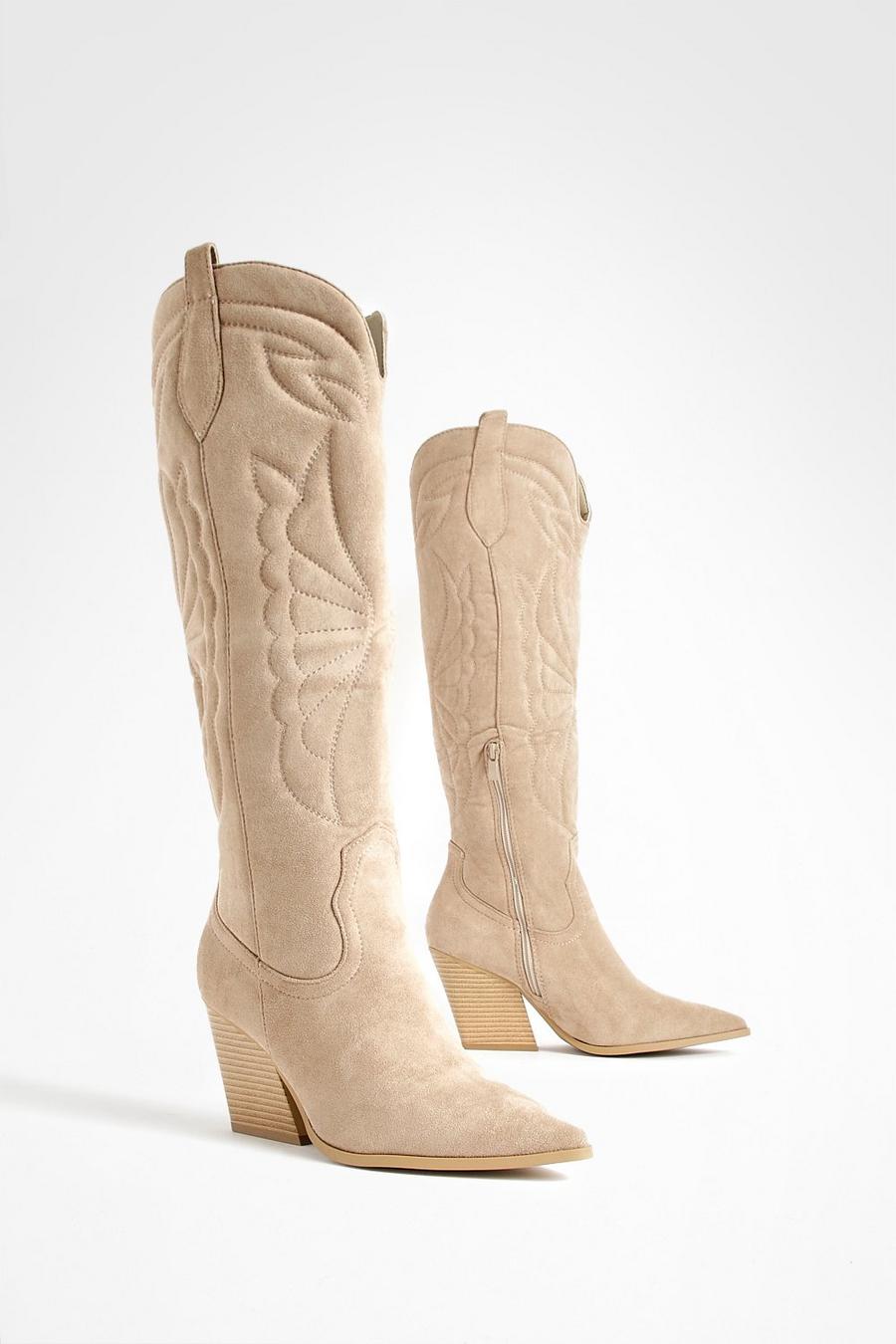 Taupe beige Embroidered Tab Detail Knee Western Cowboy Boots