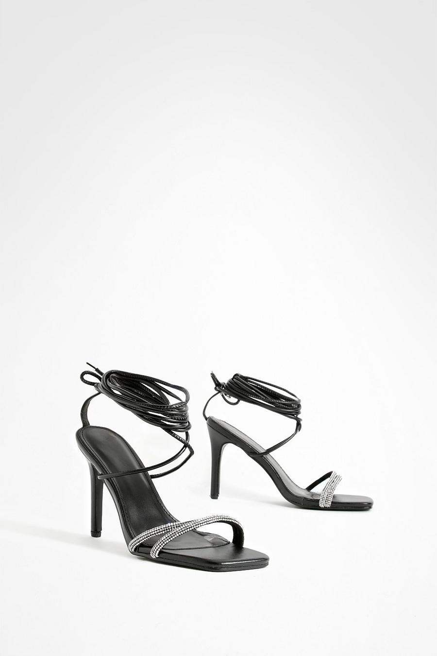 Black Embellished Strappy Stiletto Heels image number 1