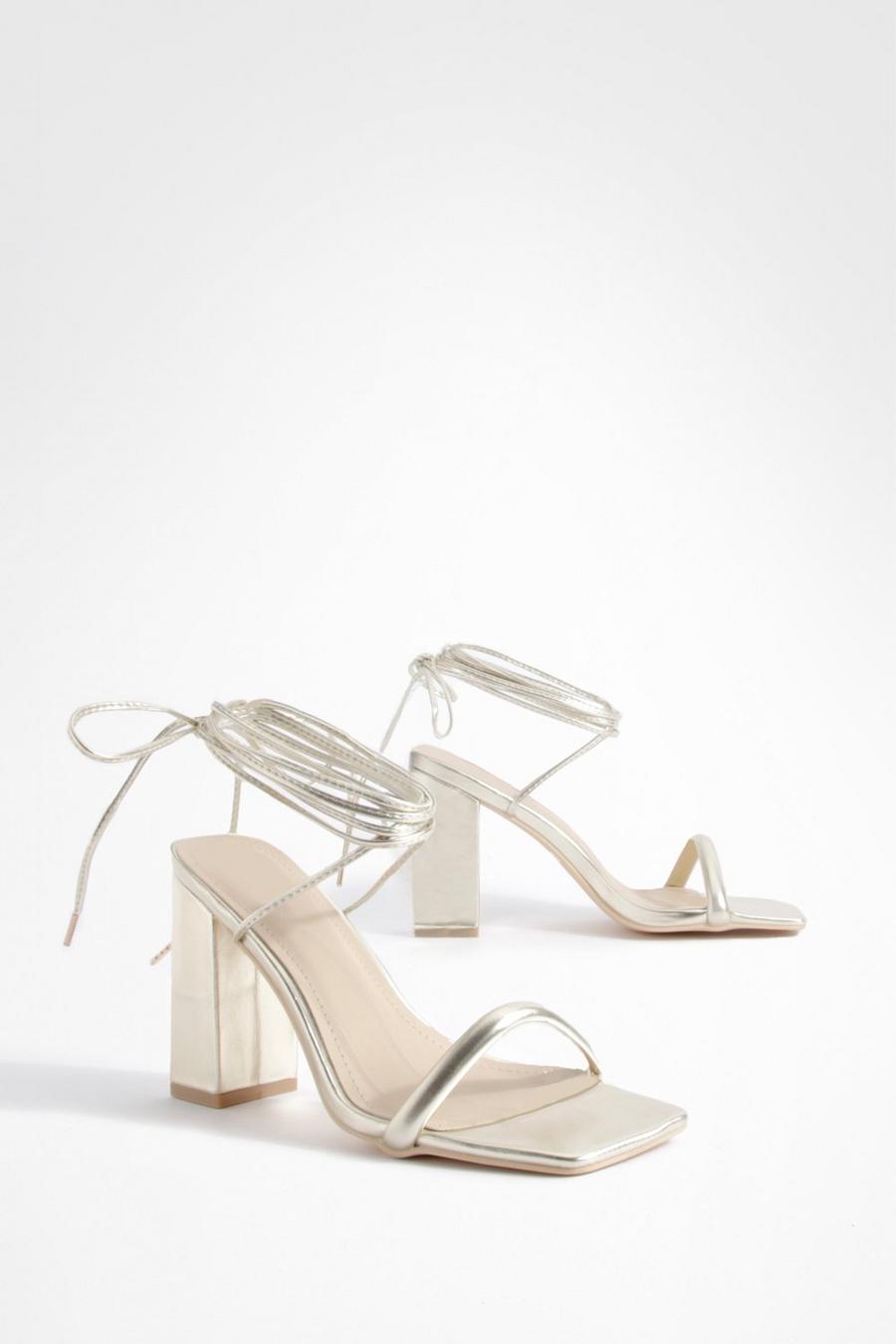 Gold Tie Leg Strappy Square Toe Heels image number 1