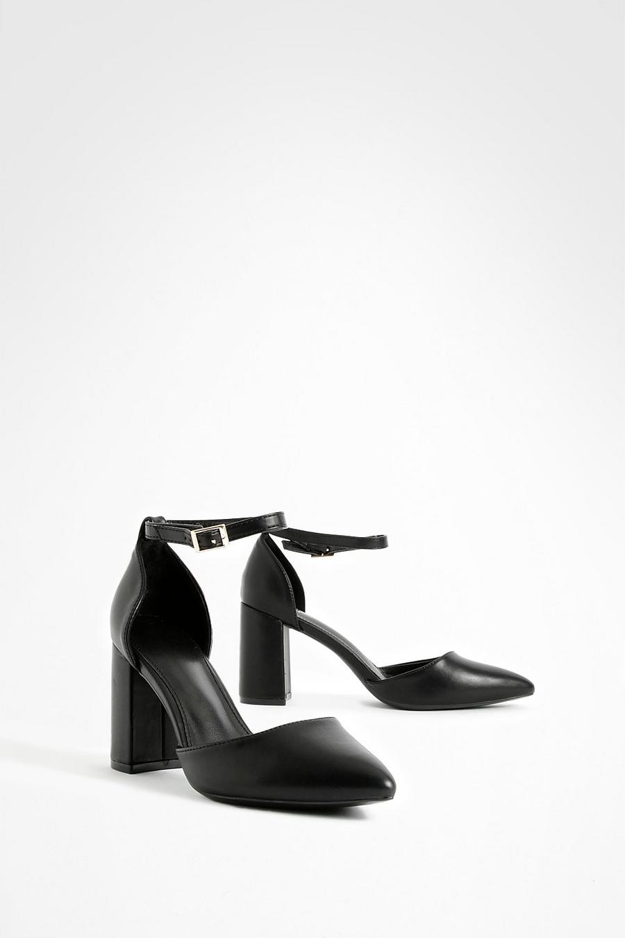 Black svart Block Heel Ankle Strap Court Shoes