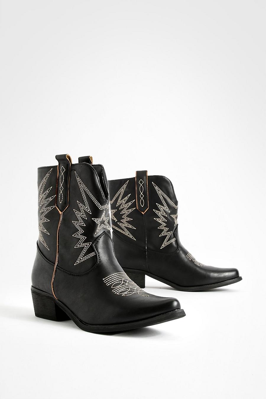 Black Tab Detail Embroidered Ankle Western Cowboy Boots    