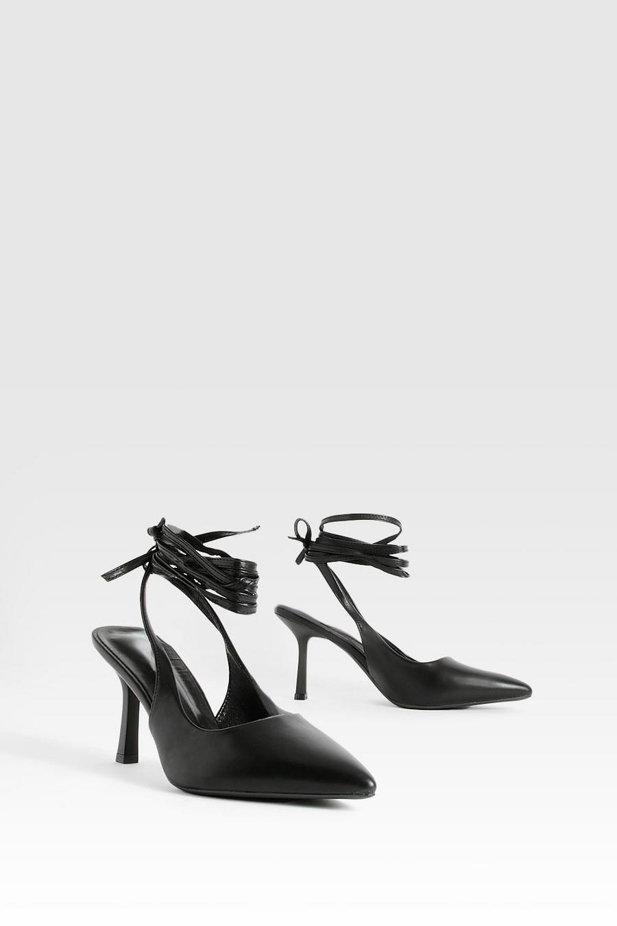 Black svart Strappy Tie Up Slingback Court Shoes 