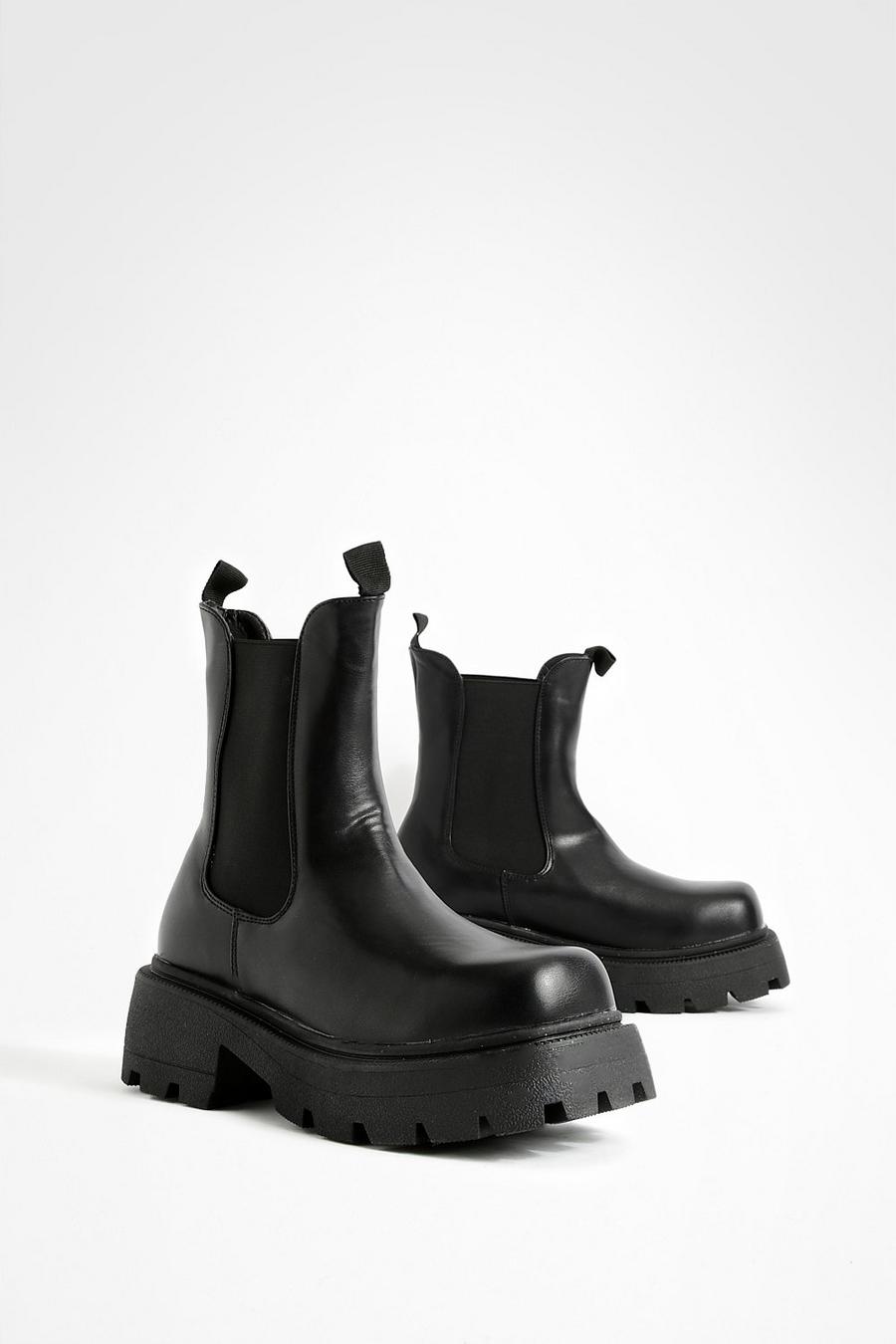 Black svart Chunky boots med fyrkantig tå