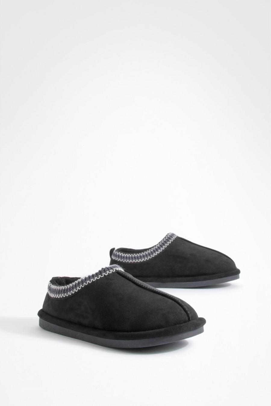 Black Embroidered Cozy Slip On Mules