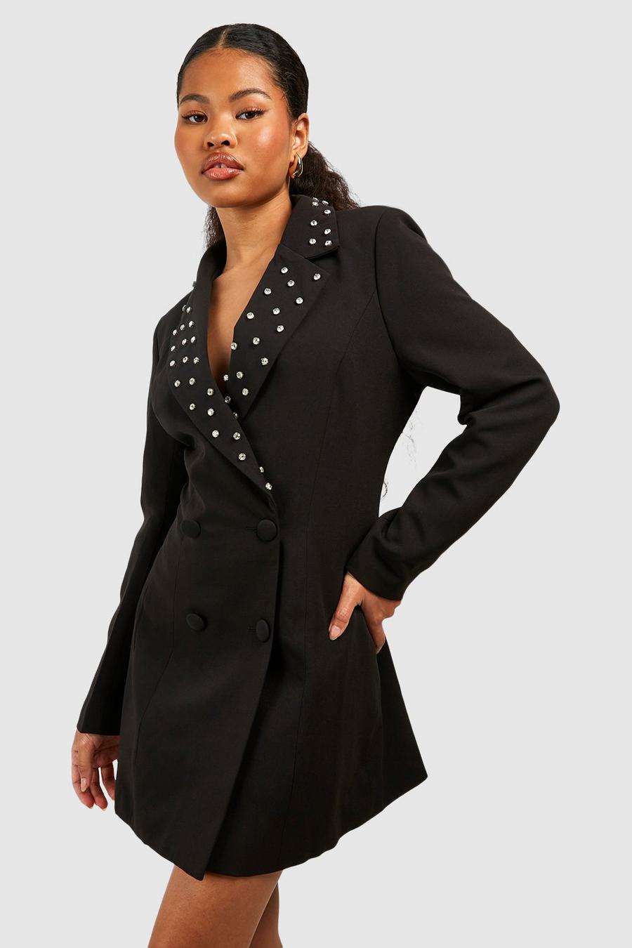 Black Petite Crystal Collar Embellished Blazer Dress  image number 1