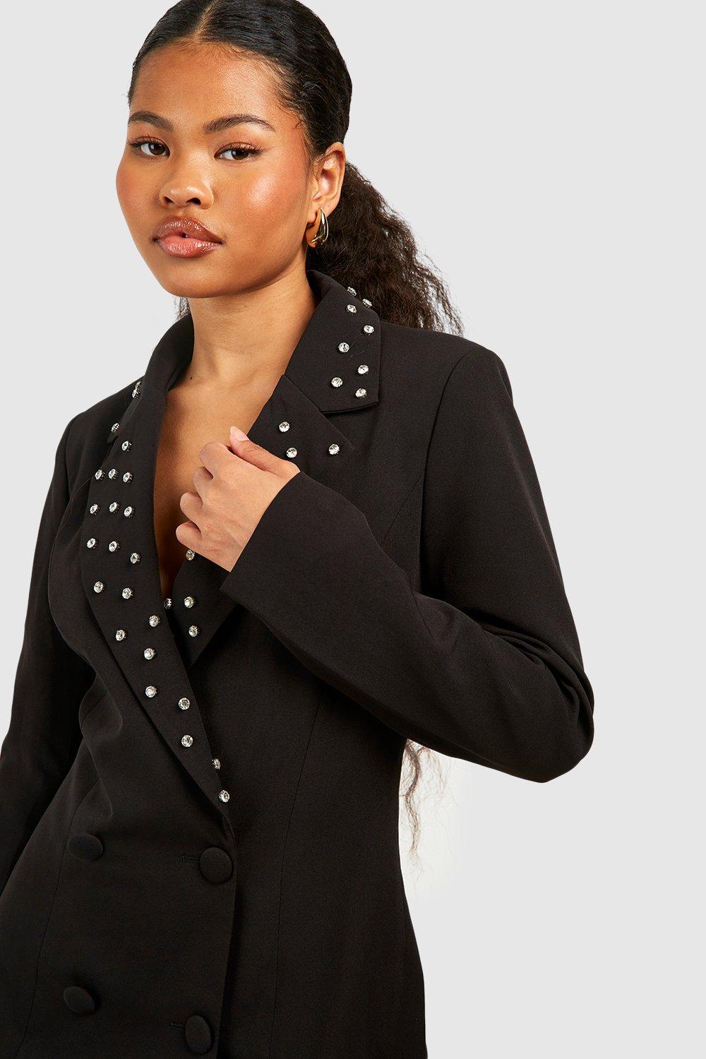 Women s Petite Crystal Collar Embellished Blazer Dress Boohoo UK