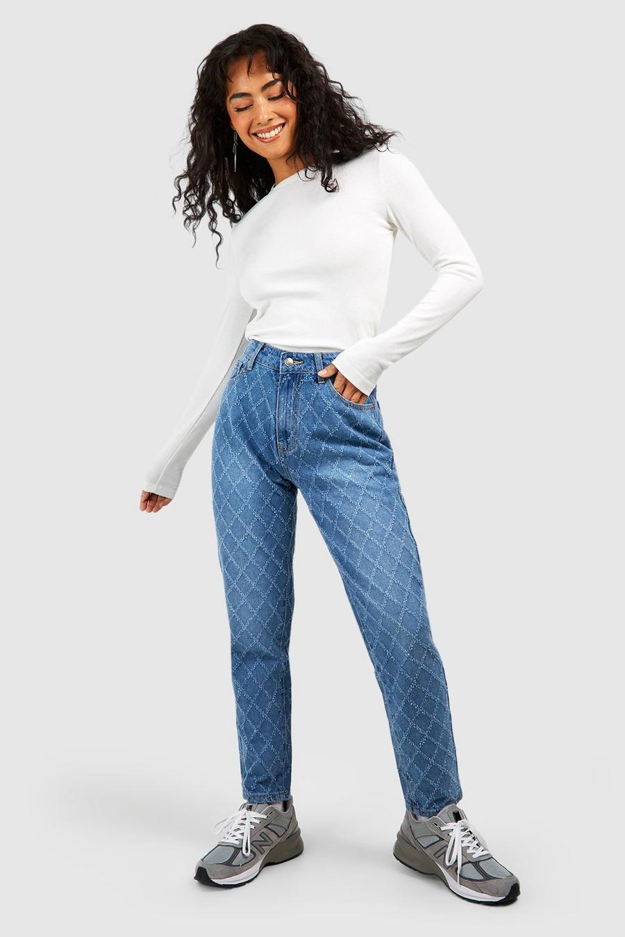 Mid blue Slitna mom jeans med strass image number 1