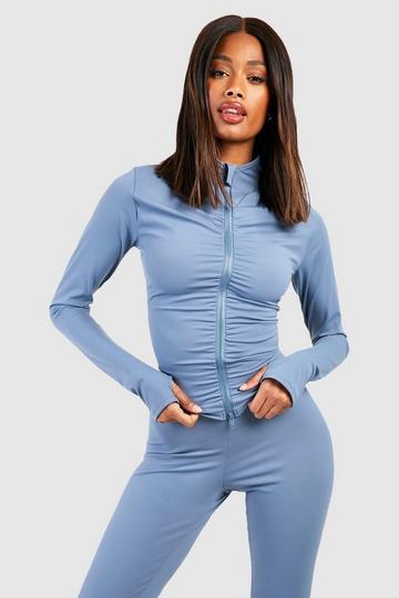 Ruched Front Long Sleeve Zip Through Sports Jacket dusty blue