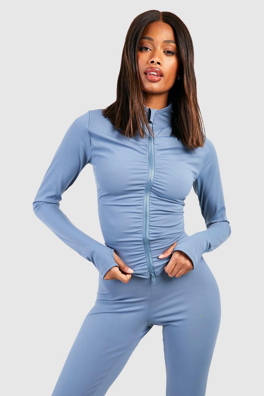 Dusty blue Ruched Front Long Sleeve Zip Through Sports Jacket  image number 1