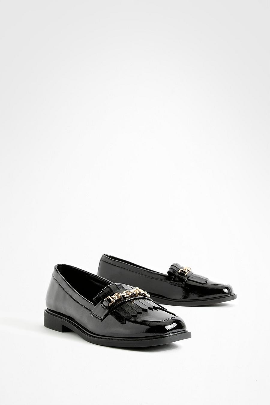 Black Patent Chain Trim Sqaure Toe Loafers 