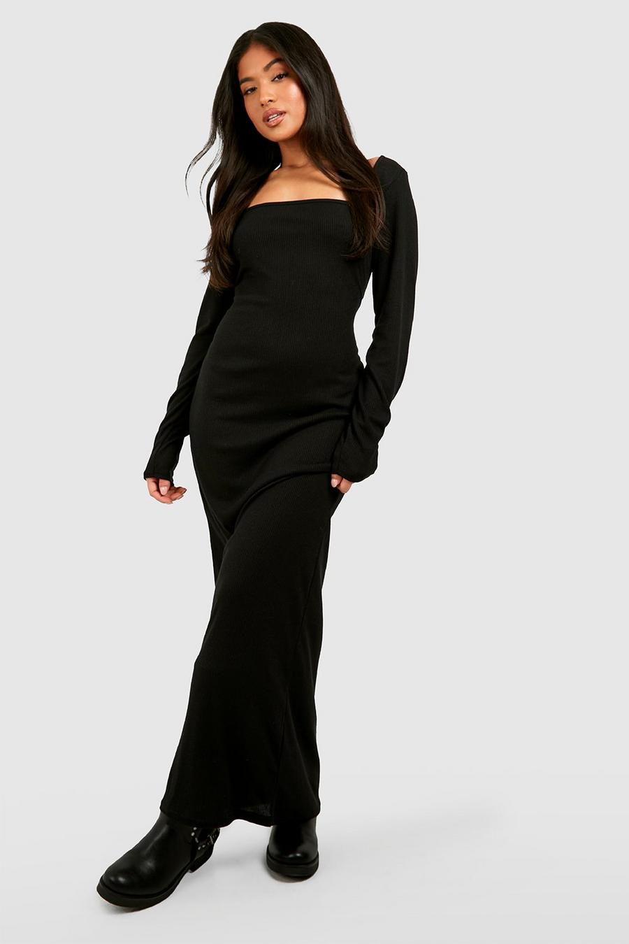 Black svart Petite Square Neck Long Sleeve Maxi Dress 