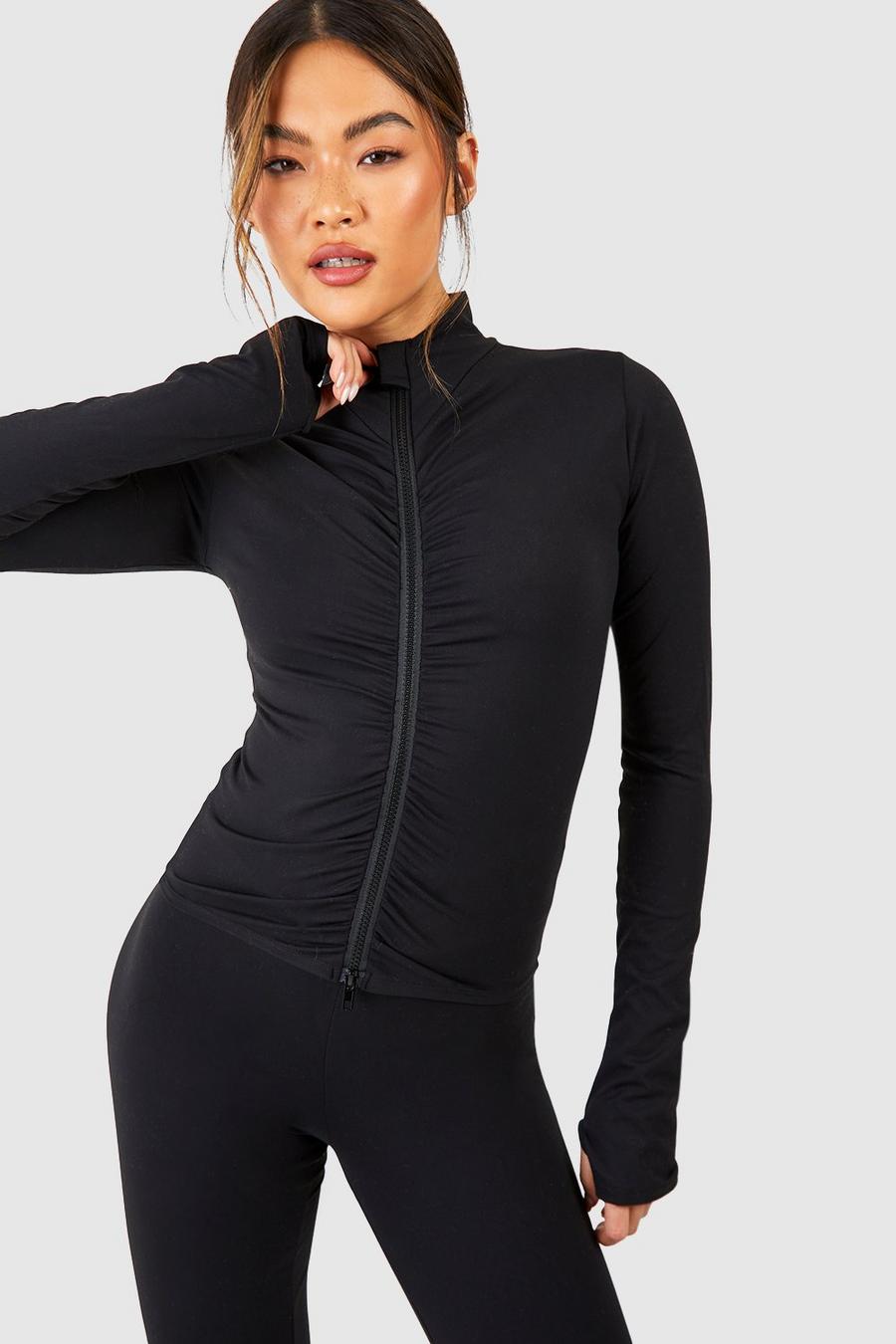 Black svart Ruched Front Long Sleeve Zip Through Sports Jacket 