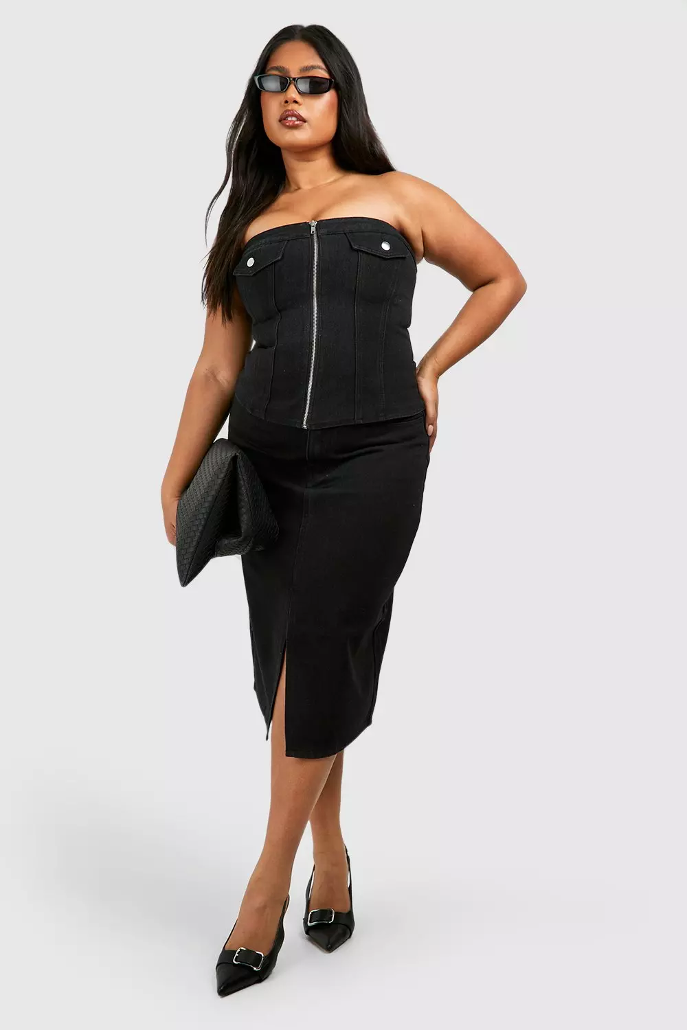 Plus size black denim midi skirt hotsell