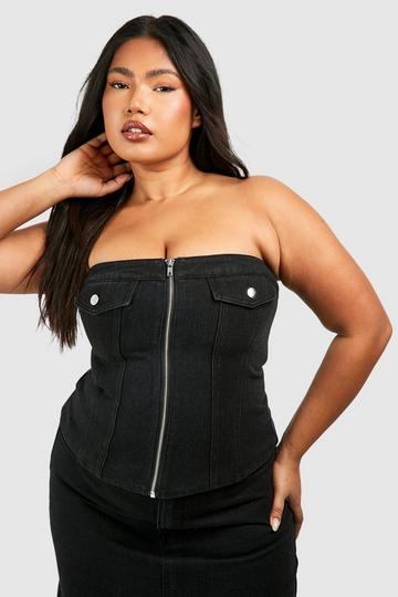 Plus Bandeau Pocket Zip Through Denim Top black