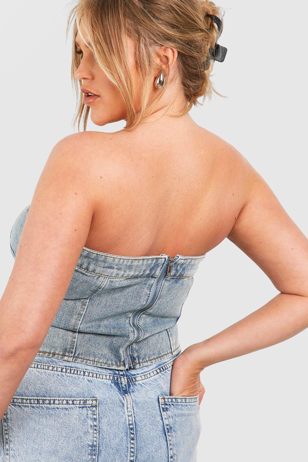 BKPAPTXY Denim Tube Tops Einfarbig Knopf Bandeau Ausschnitt Brust