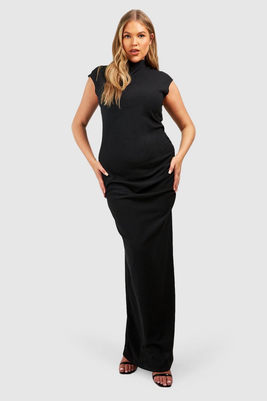 Black Plus Textured High Neck Ruched Column Midaxi Dress  image number 1