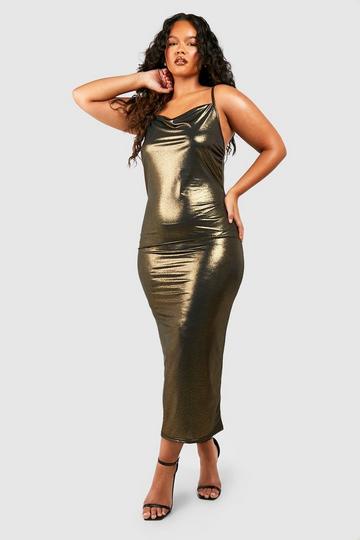 Gold Metallic Plus Metallic Column Midaxi Dress