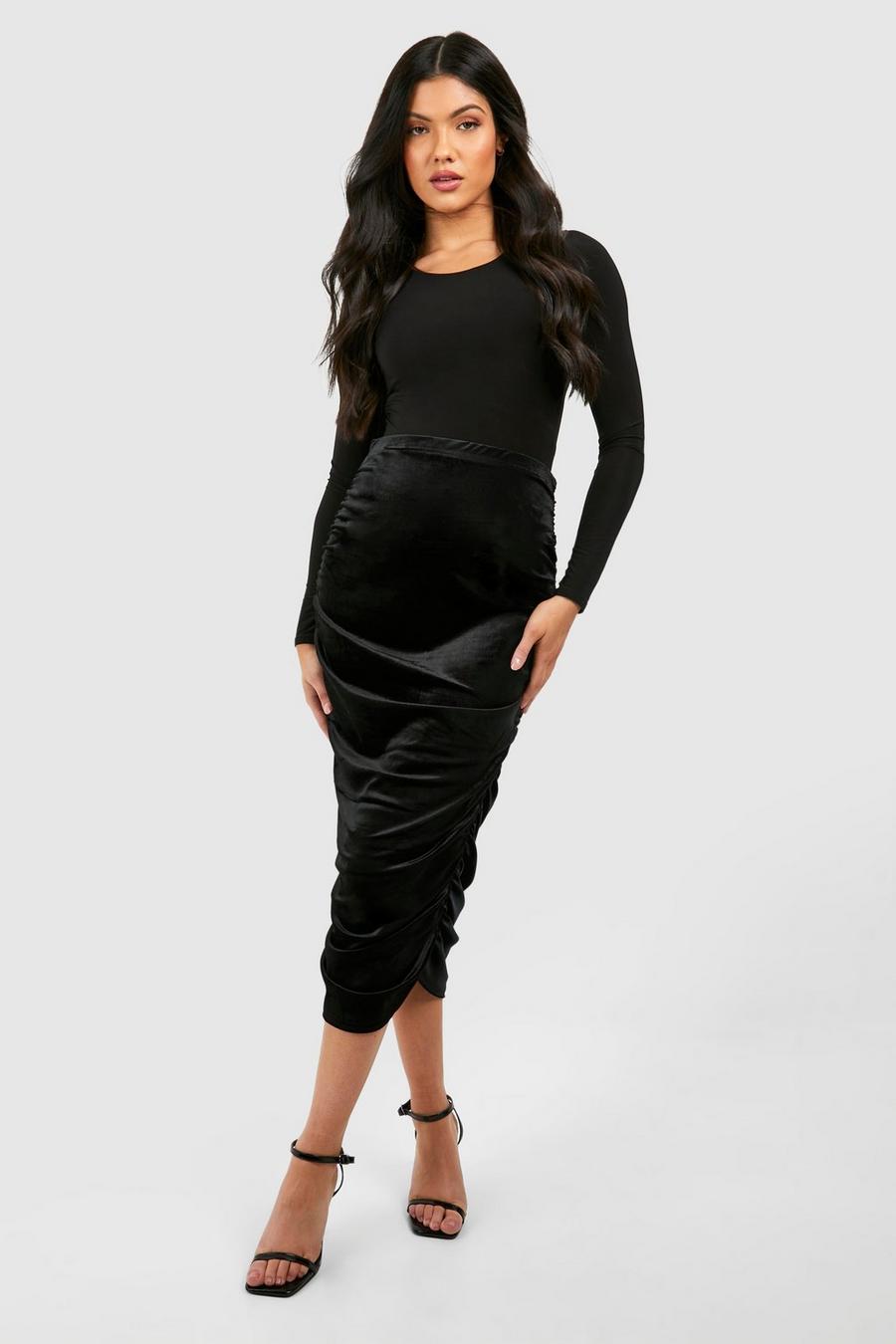Black Maternity Velvet Ruched Midi Skirt image number 1