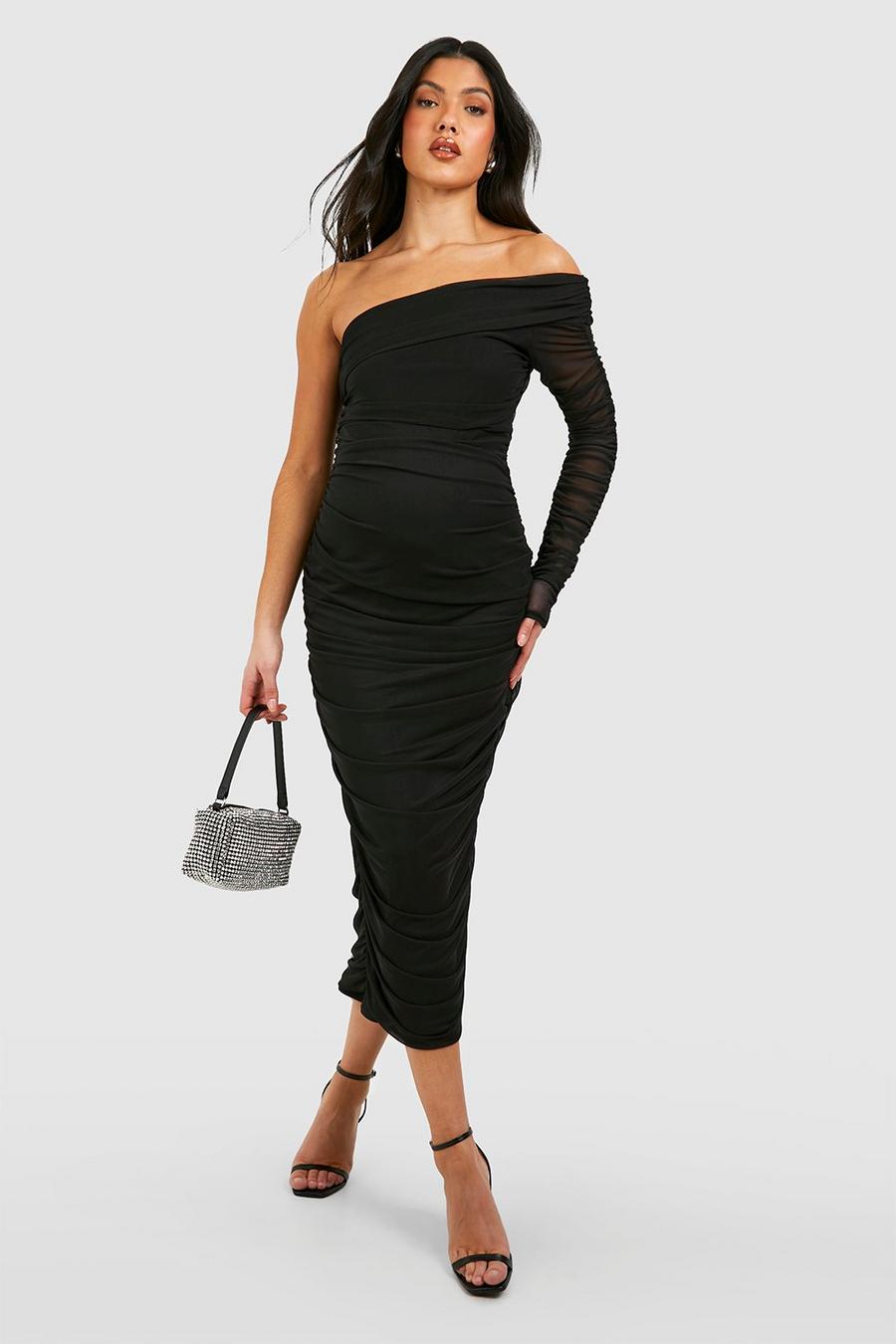 Black Maternity Mesh One Shoulder Ruched Midi Dress