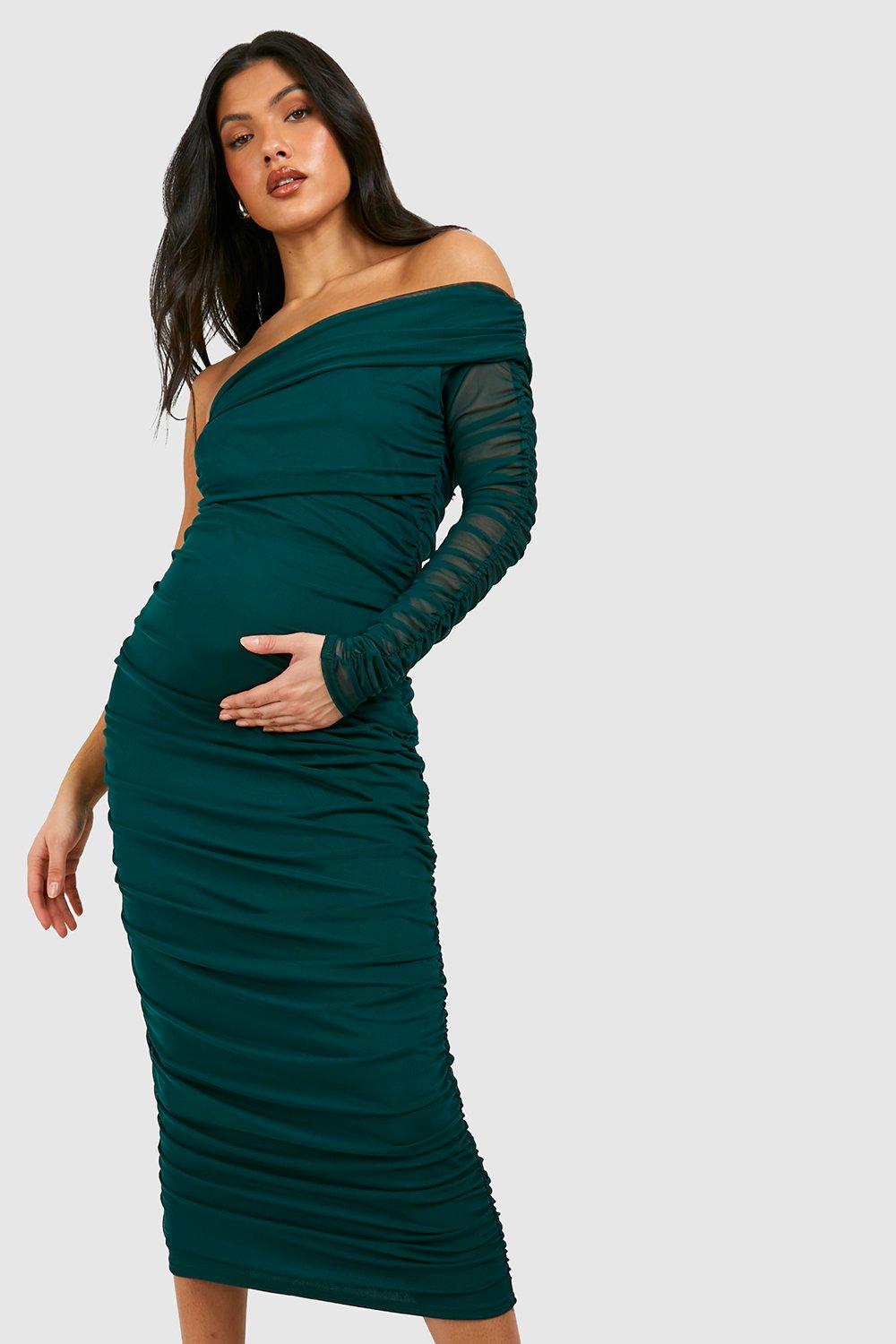 Maternity Mesh One Shoulder Ruched Midi Dress