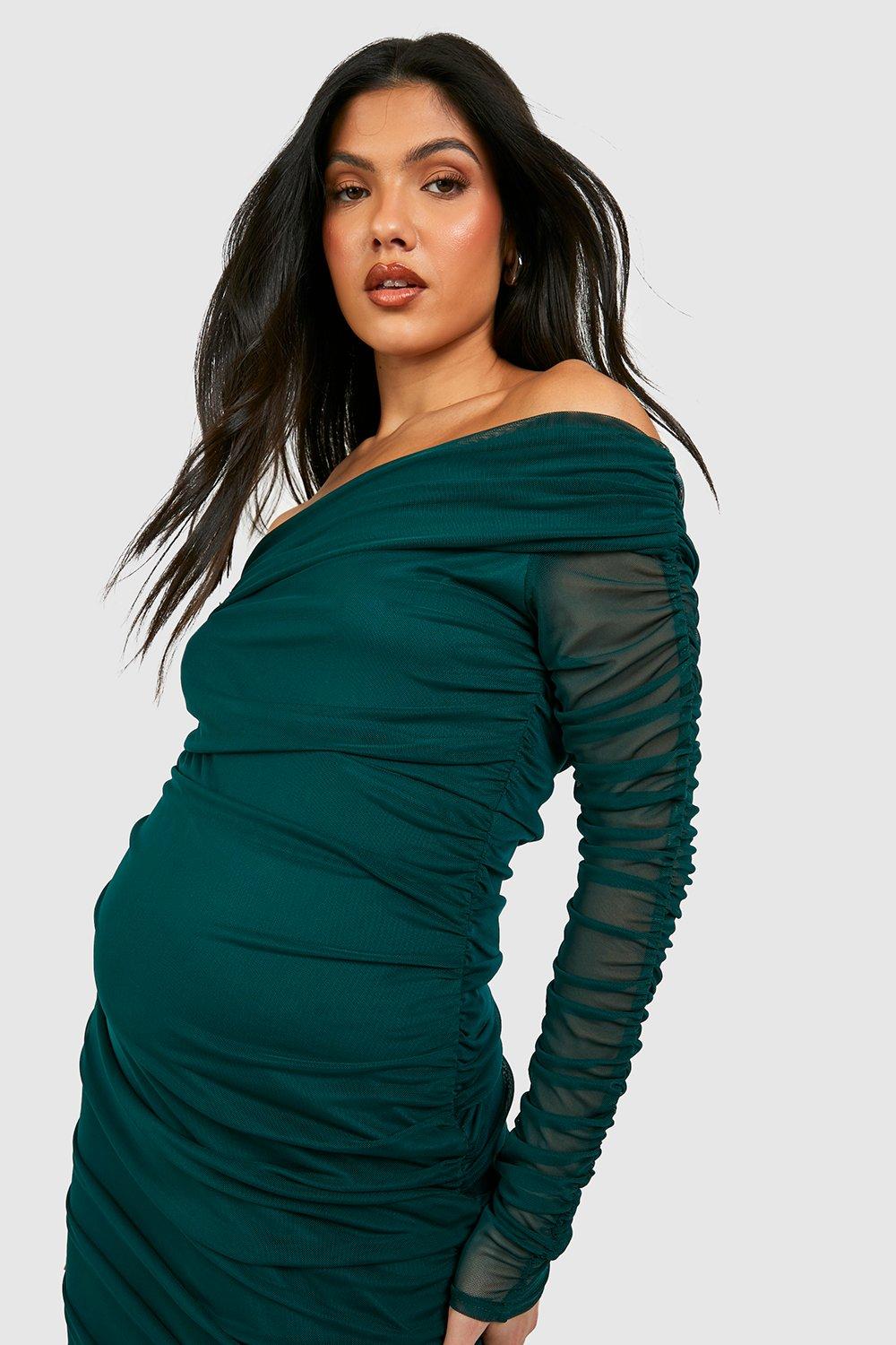 Women's Maternity Mesh One Shoulder Ruched Midi Dress