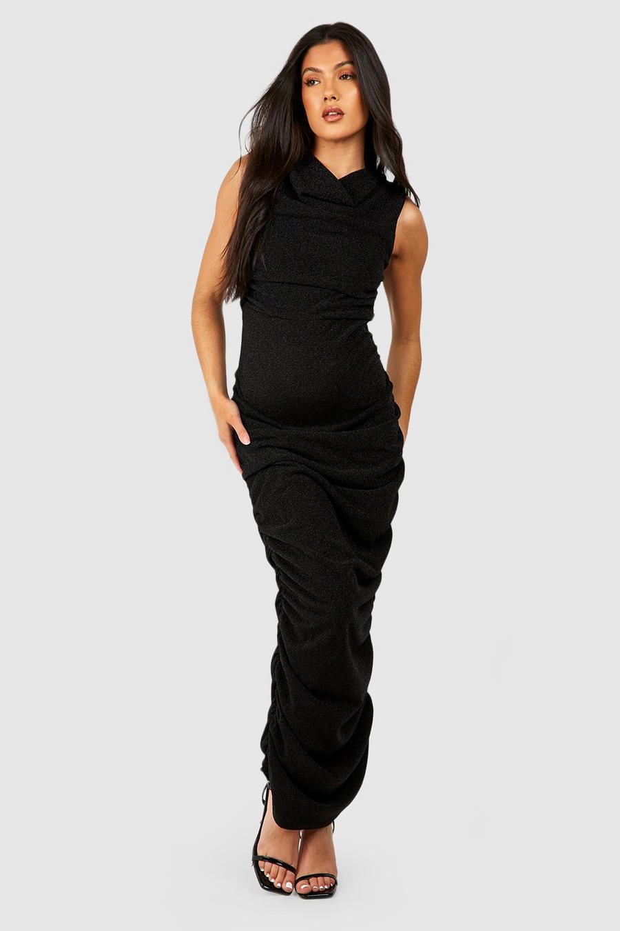 Black Maternity Metallic Ruched Cowl Detail Midi Dress image number 1