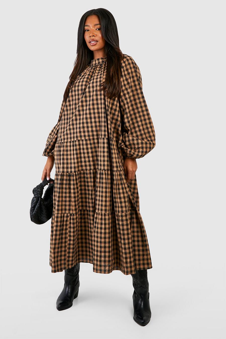 Brown Plus Gingham Tiered Midaxi Dress