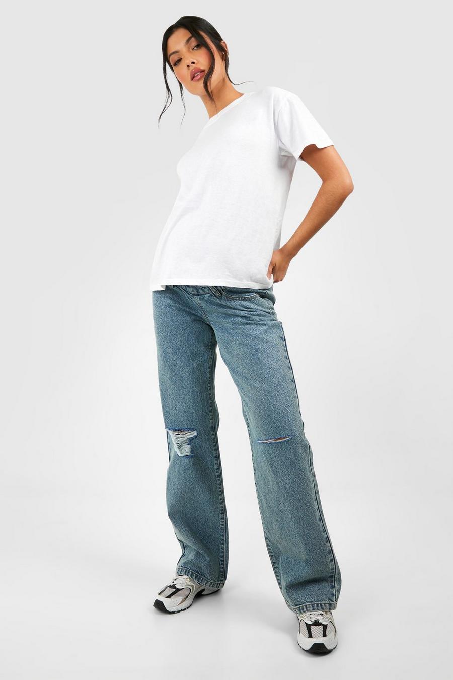Jeans Premaman in taglio maschile strappati a vita alta, Vintage wash image number 1