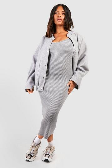 Grey Plus Knit Long Sleeve Midi Dress