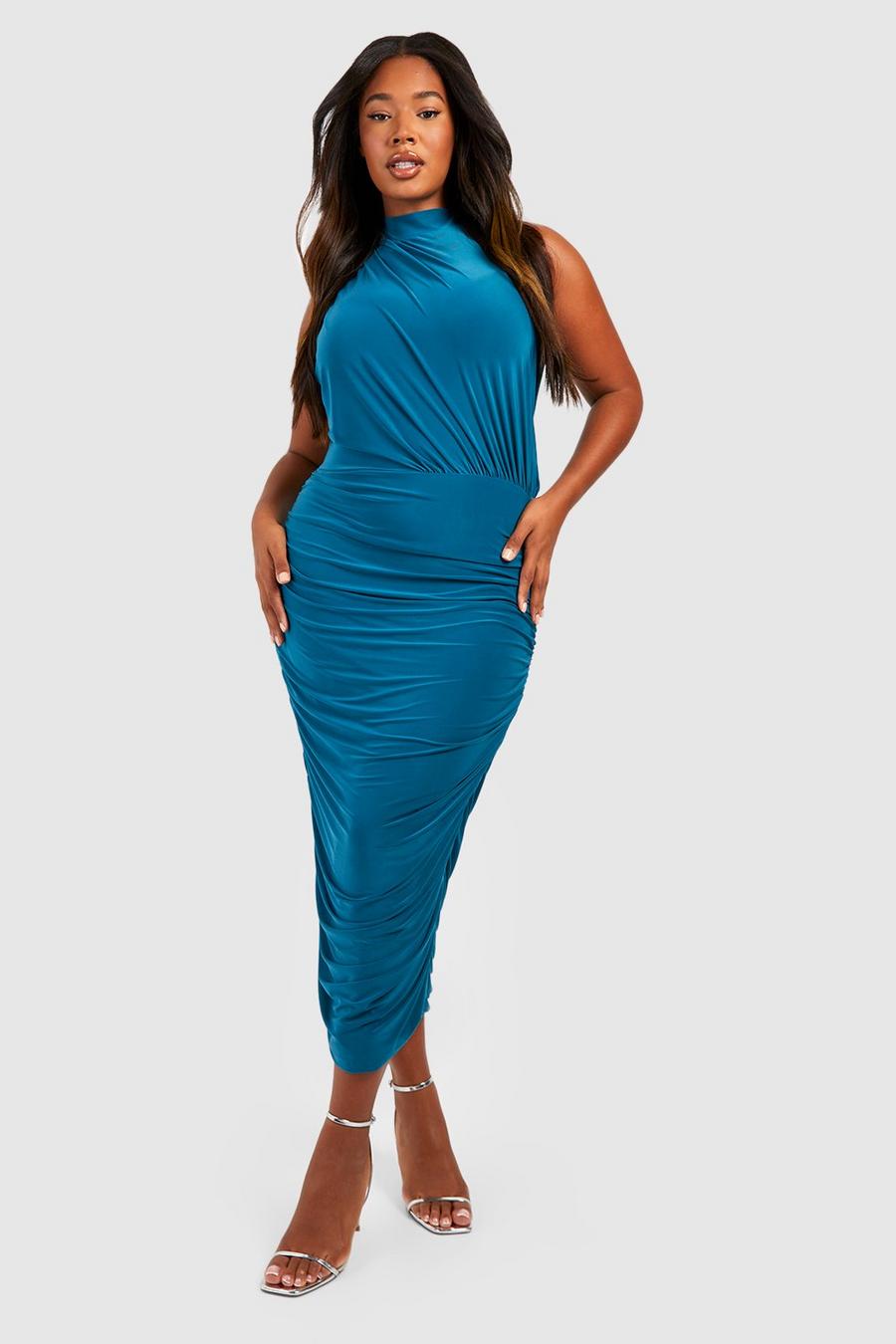 Teal Plus Double Slinky High Neck Midi Dress image number 1